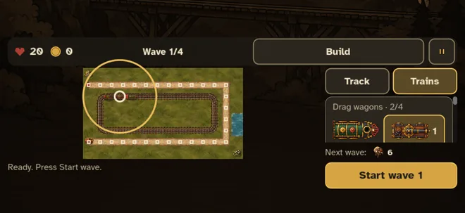 The build screen: a loop, a train and its wagons