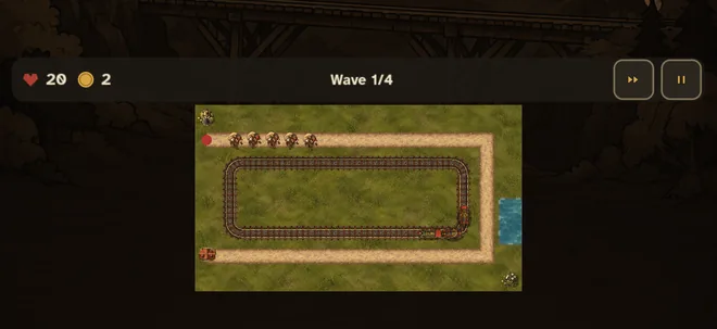 A wave in progress: trains circling a loop of rails while enemies walk the road