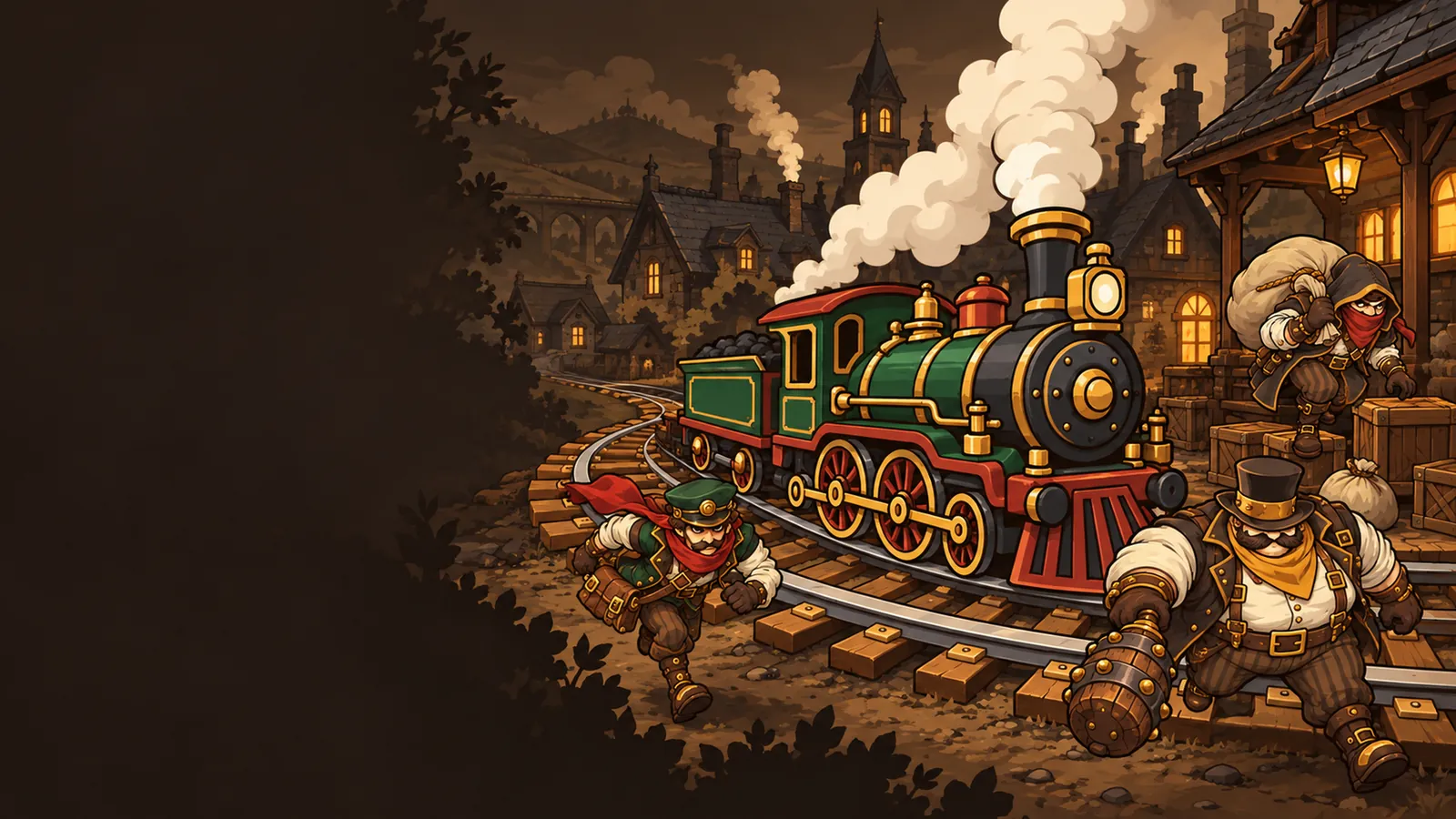 A steam locomotive on a loop of rails in a village, with bandits approaching